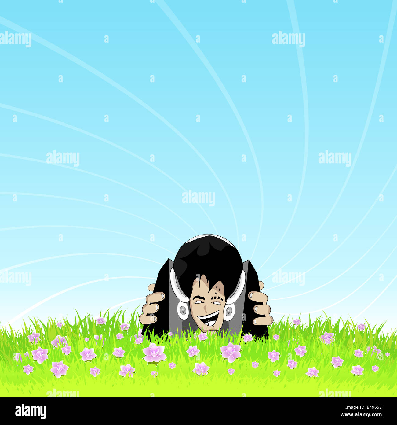 Vector illustration of a smiling deejay young boy listening to music in a beautiful pink flowers meadow Stock Photo