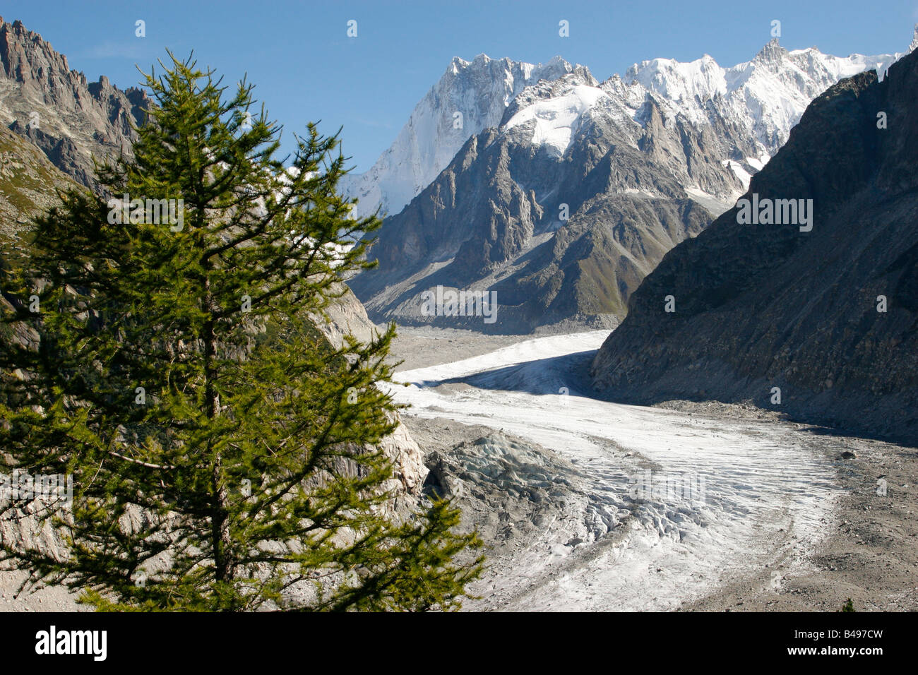 The Mer de Glace glacier viewed from Montenvers, Chamonix Mont-Blanc, French Alps. Stock Photo