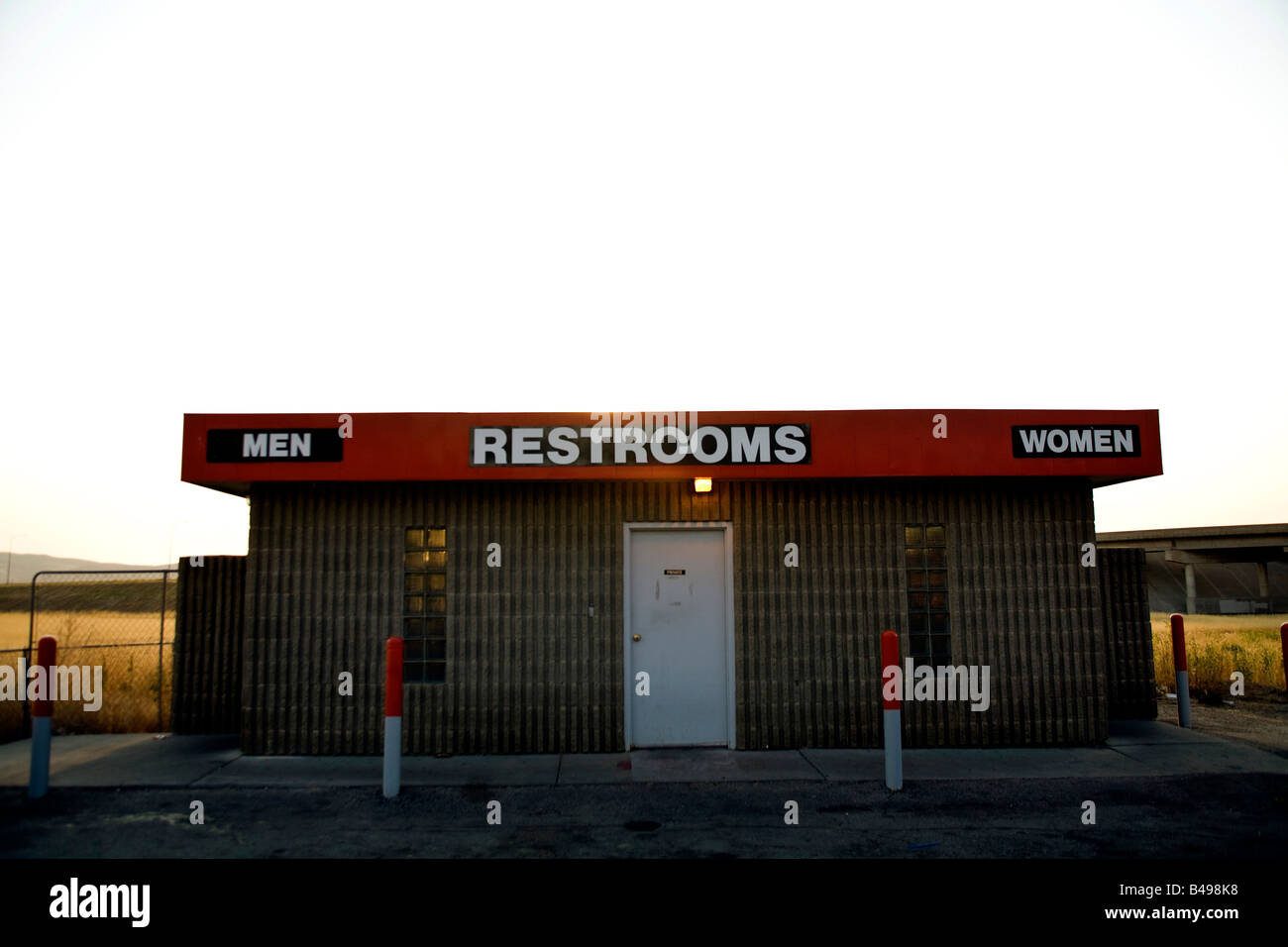 A gas station bathroom in the late afternoon in small town Utah Stock