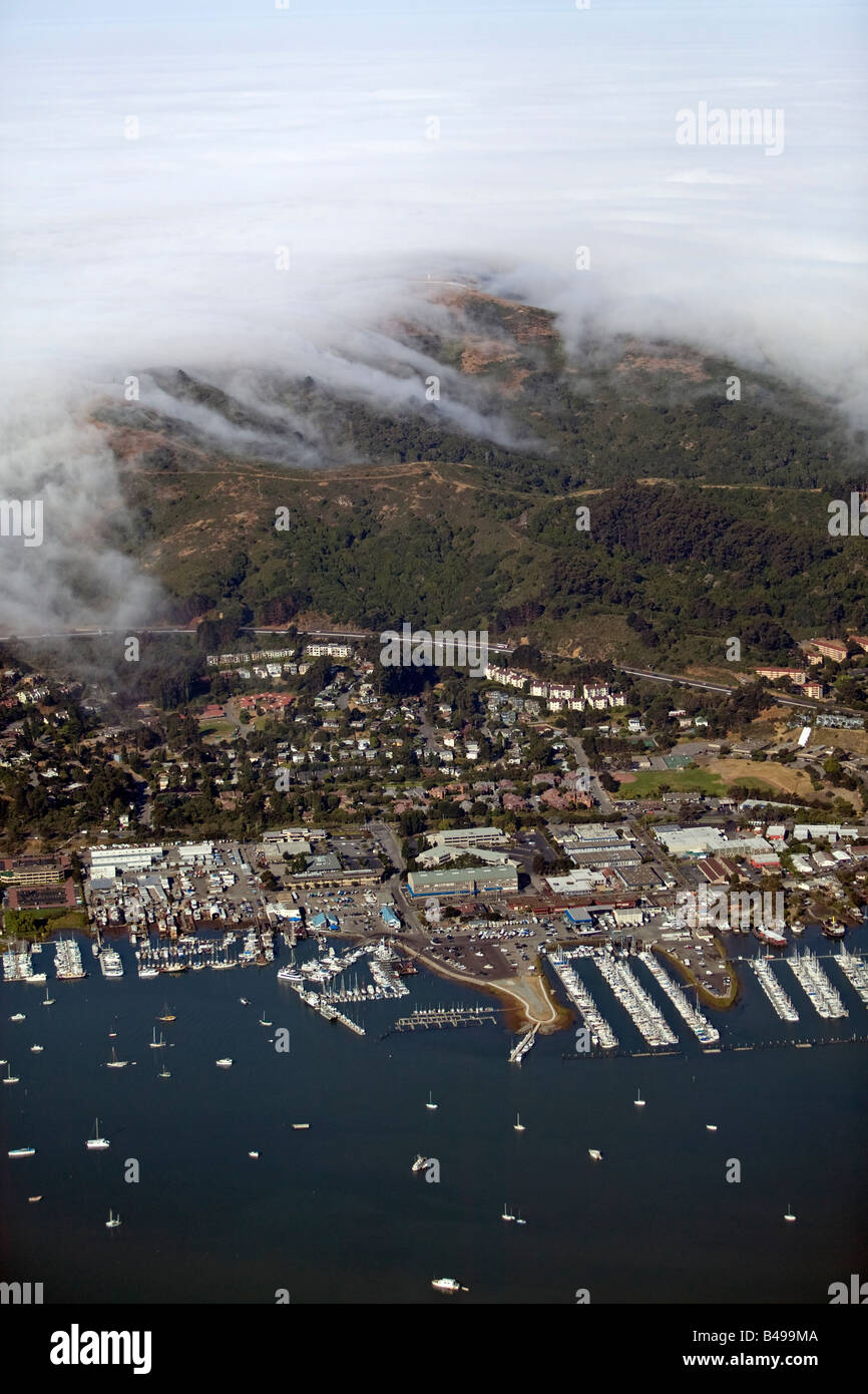 aerial above fog rolling over Sausalito California Stock Photo