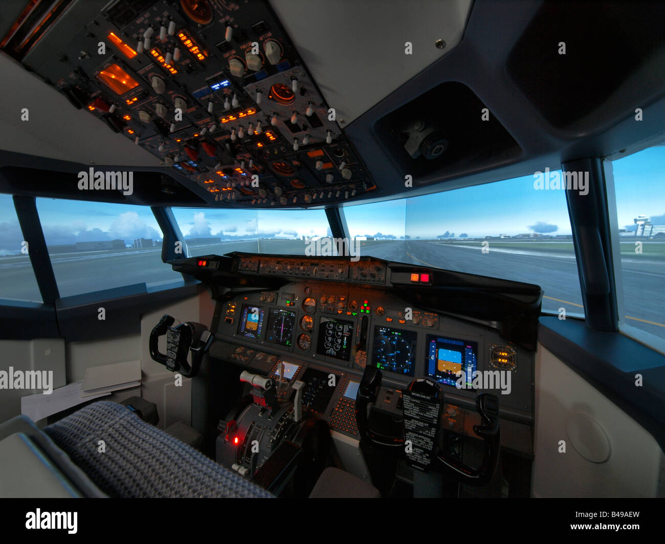 Flight simulator Boeing 737 cockpit pilots training installation Seppe Airfield Noord Brabant Netherlands Stock Photo