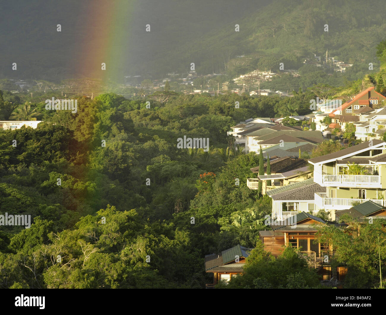 Rainbow in Manoa Valley, continuing in the foreground (Oahu, Hawaii) Stock Photo
