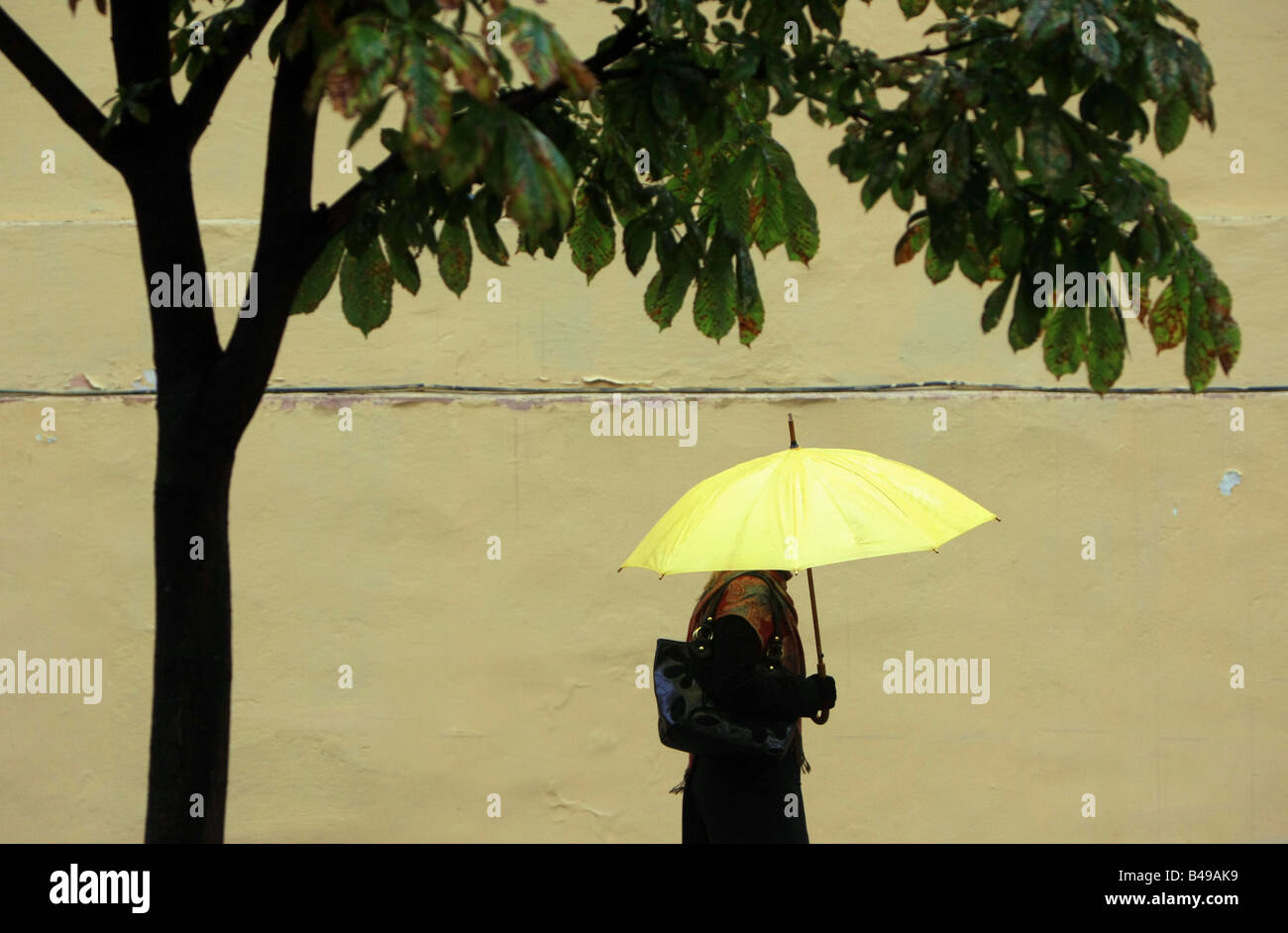 woman walking with a yellow umbrella Stock Photo - Alamy