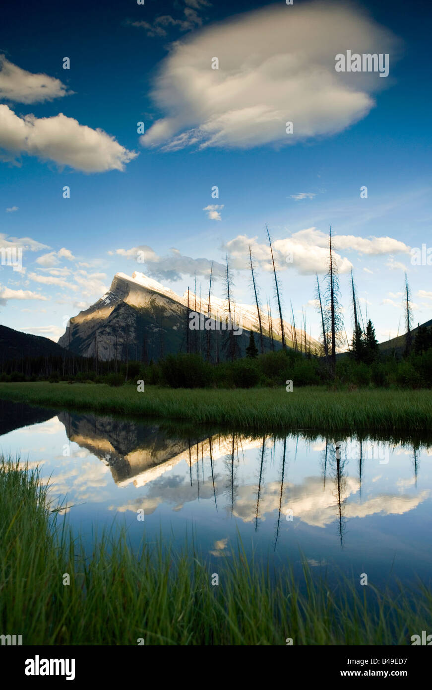 Mount Rundle reflecting in lake Vermilion, Banff National Park, Alberta, Canada. Stock Photo