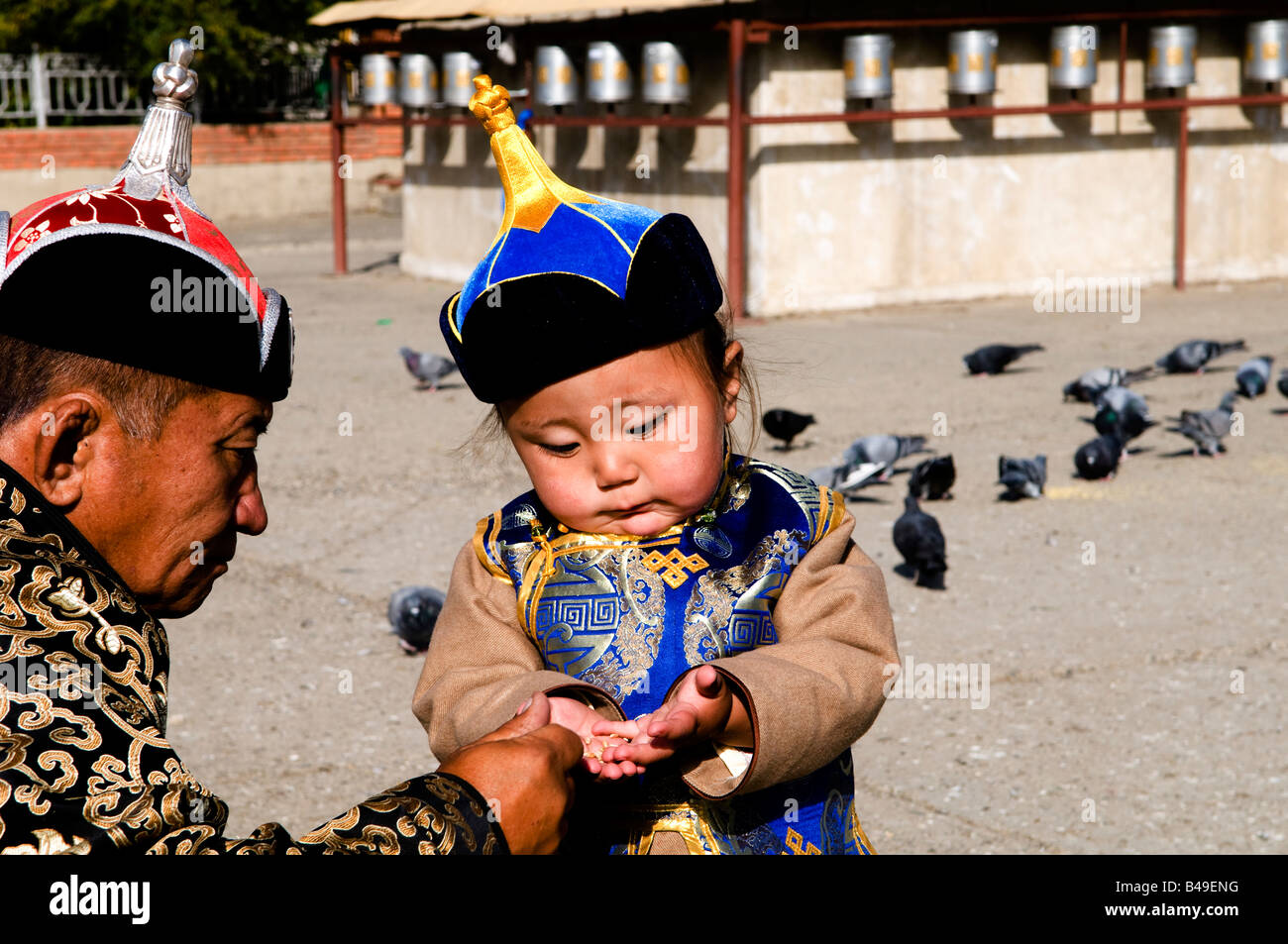 Mongolians dressed in their traditional costumes. Stock Photo
