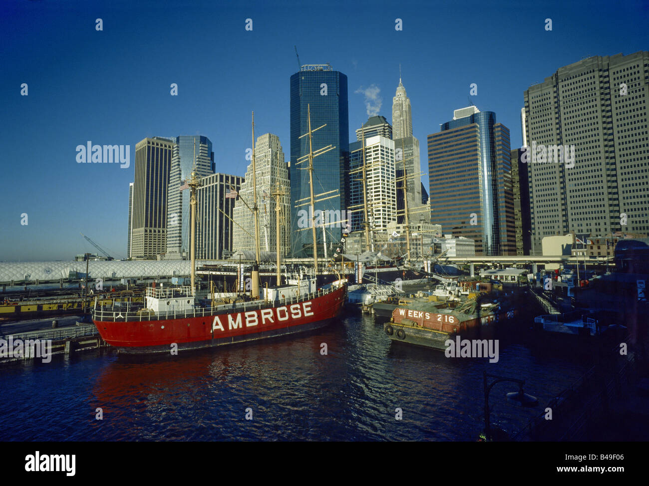 View from South Street Seaport to the southern tip of Manhattan. Stock Photo