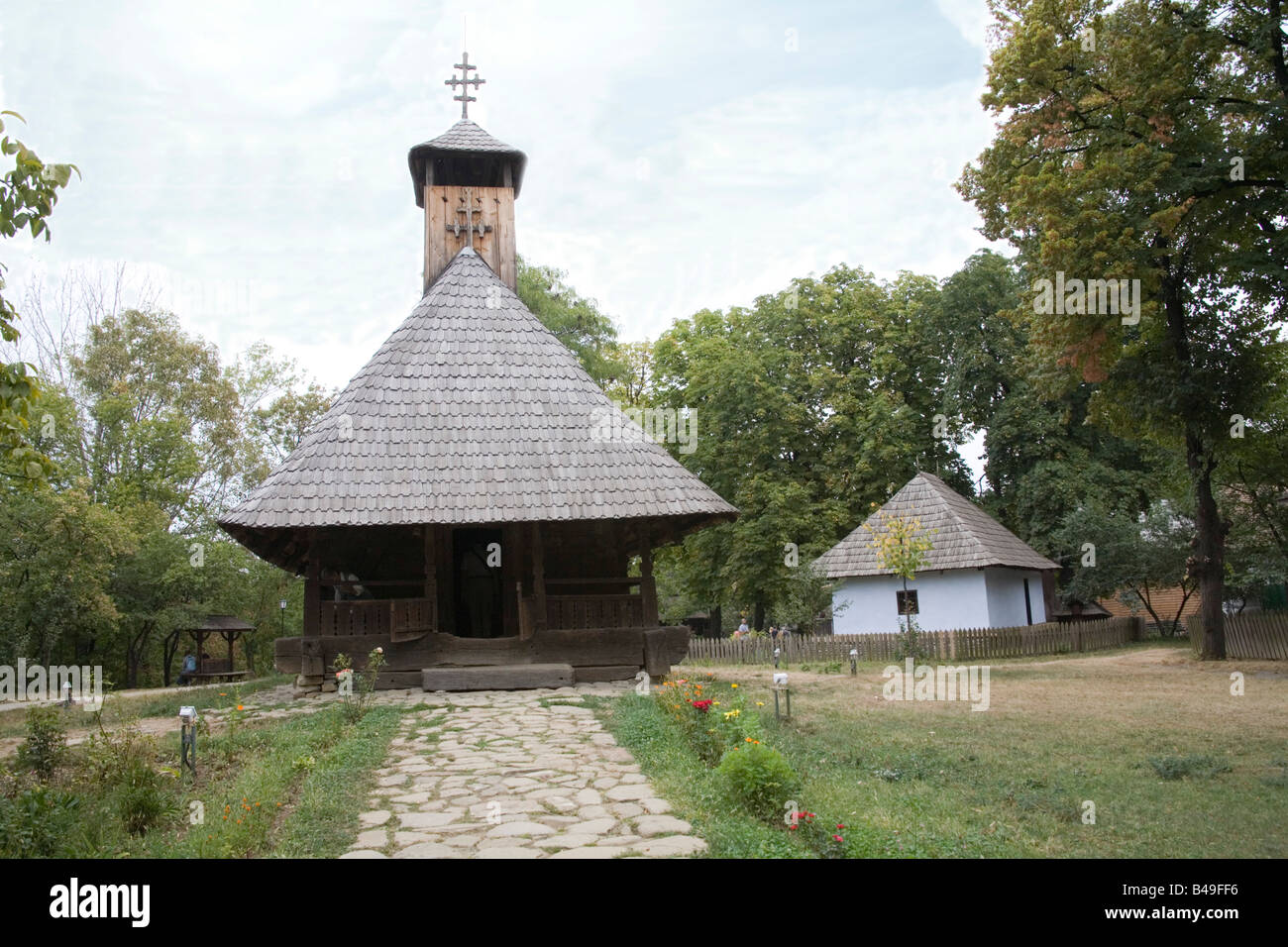 Romania Europe September Biserica Timiseni dating from 1773 brought from Timiseni village to Muzeul Satului the Village Museum Stock Photo