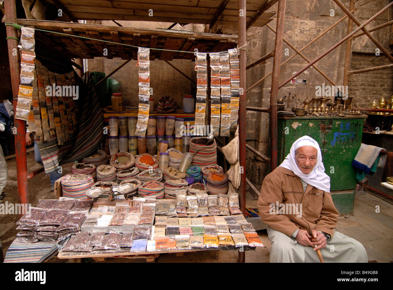 Old man in front of his little shop Cairo Egypt Stock Photo
