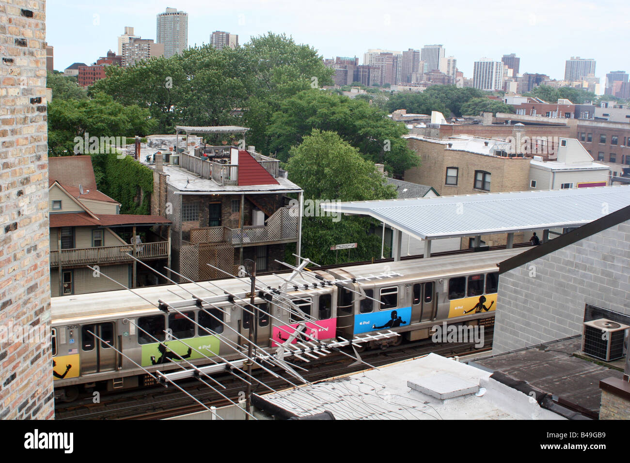 Rooftop view of Chicago from Lakeview Baseball Club in Wrigleyville