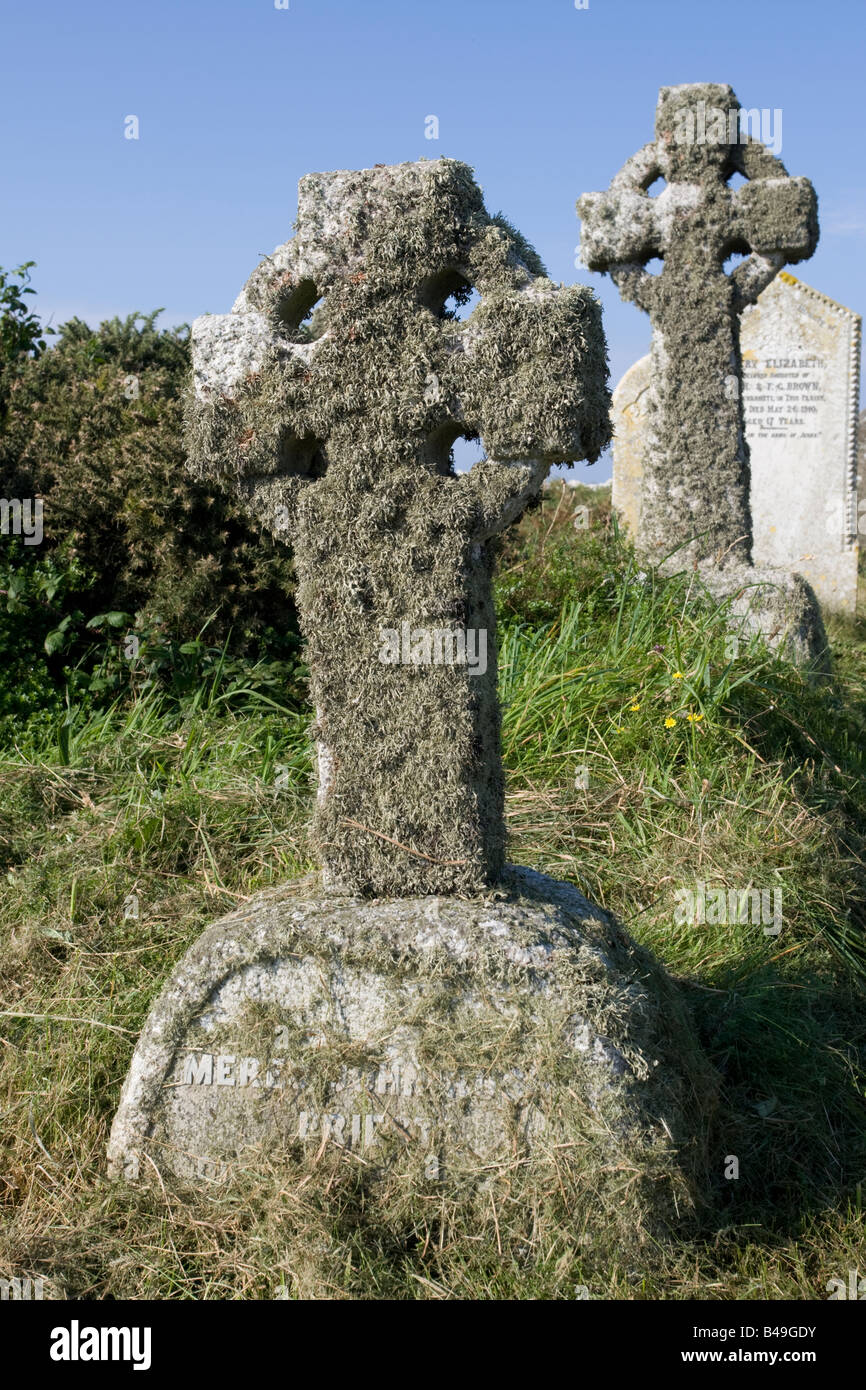 Old celtic crosses covered in lichens churchyard Tintagel North Cornwall Coast UK Stock Photo