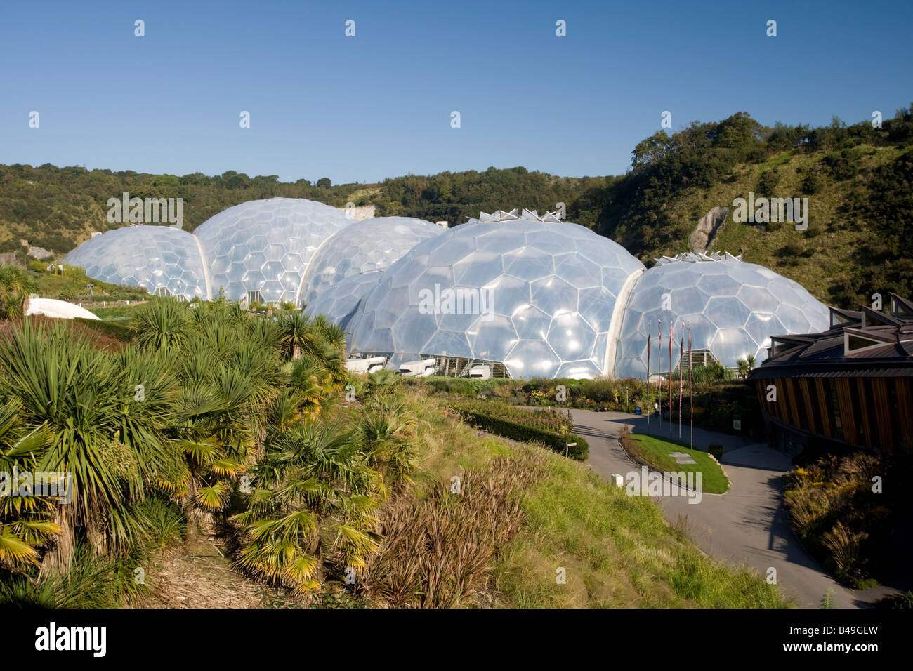 Giant enclosed biomes Eden Project Bodelva St Austell Cornwall UK Stock Photo