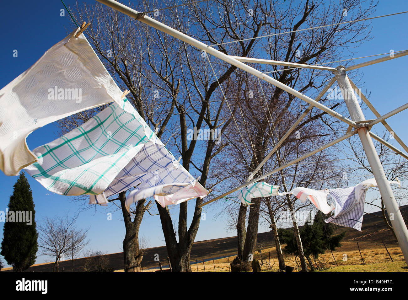 Tea towels on the washing line blowing in the wind Movement on the Towels Stock Photo