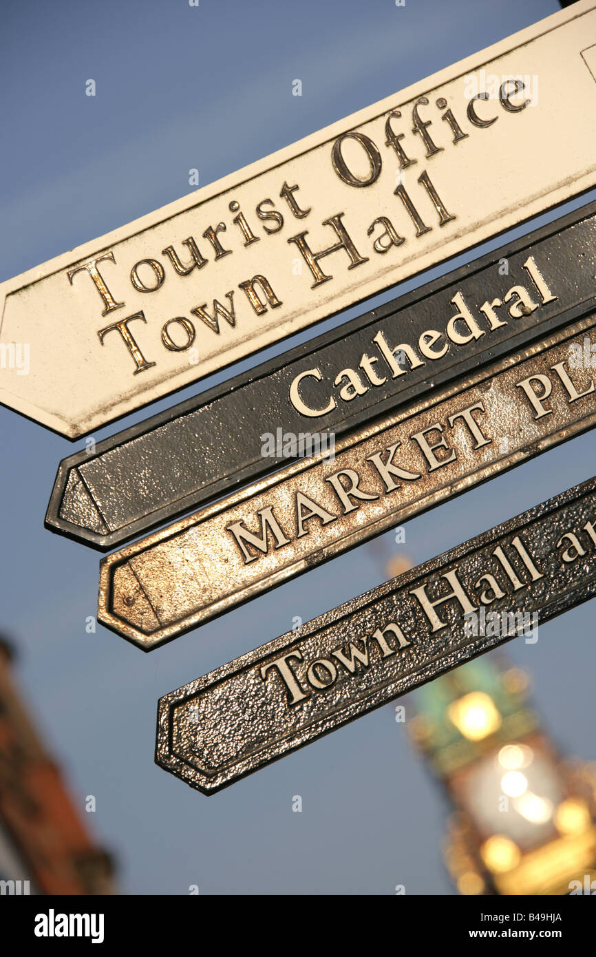 City of Chester, England. Tourist direction signs with Chester’s