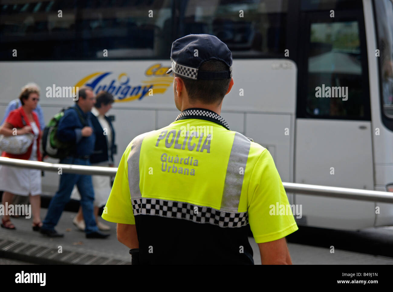 a spanish civil guard policeman on traffic duty in barcelon,spain Stock Photo