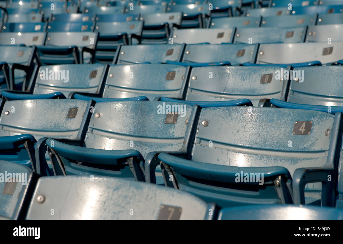 Empty blue stadium seats These are Yankee Stadium seats and were photographed on the last month of their use in September 2008. Stock Photo