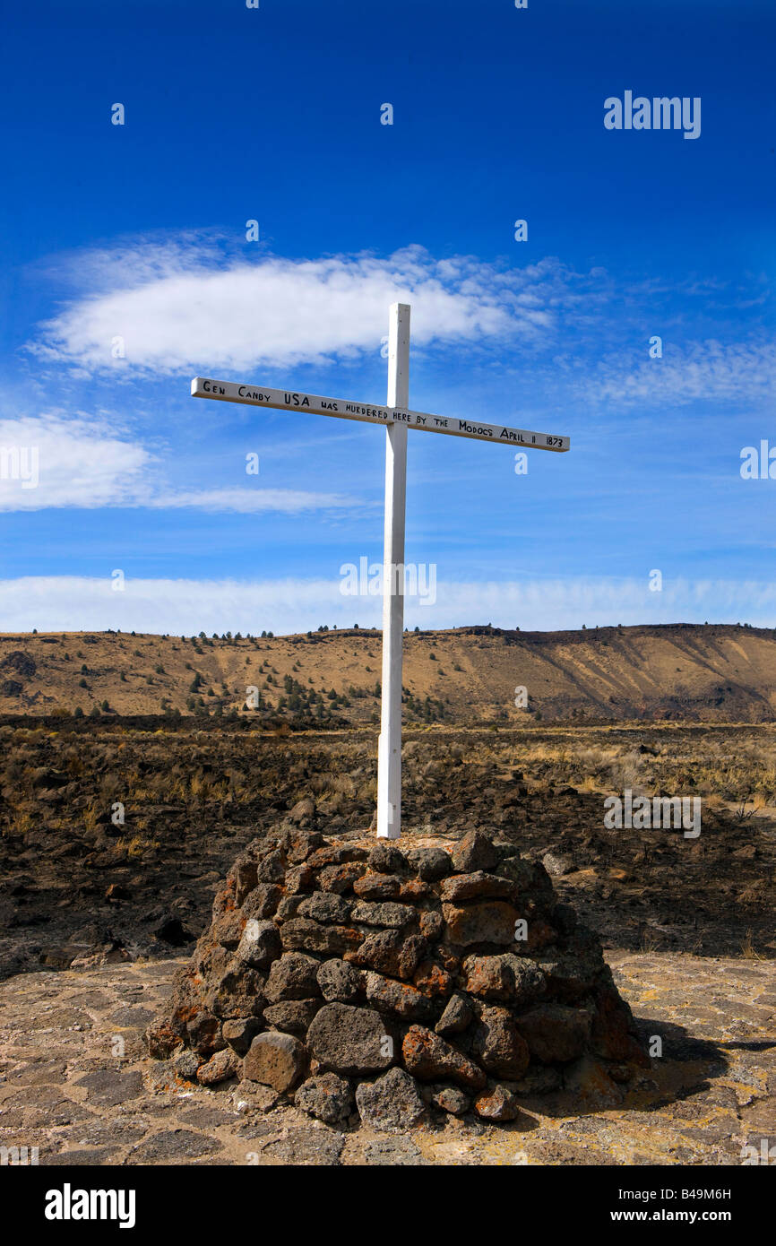 Cross marking the location where General Canby was killed by Indians in 1873, Lava Beds National Monument, California Stock Photo