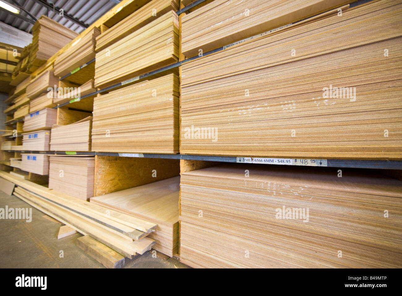 Racks of wood at a boat building company, Mississauga, Ontario, Canada. Stock Photo