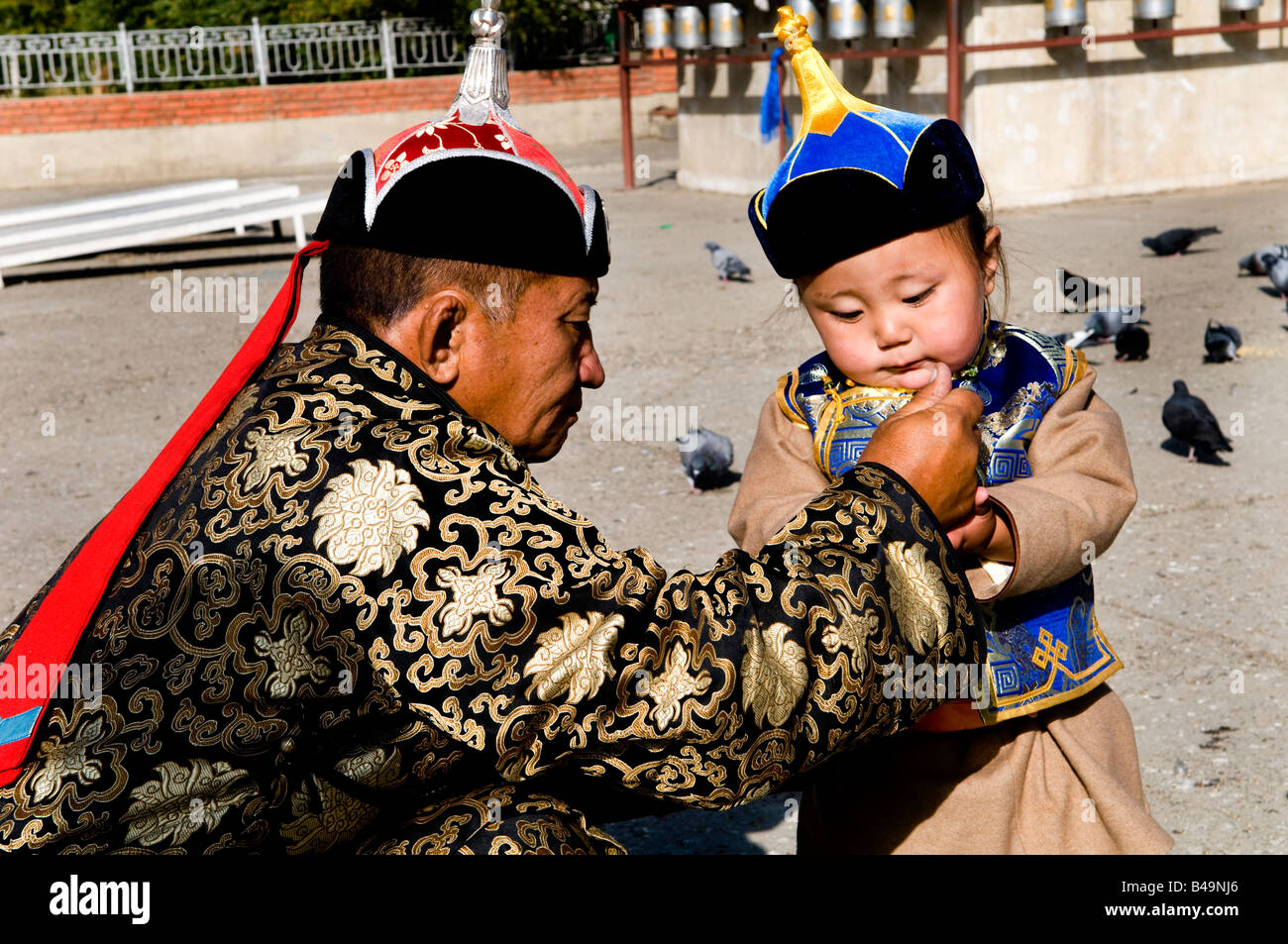 Mongolians dressed in their traditional costumes. Stock Photo