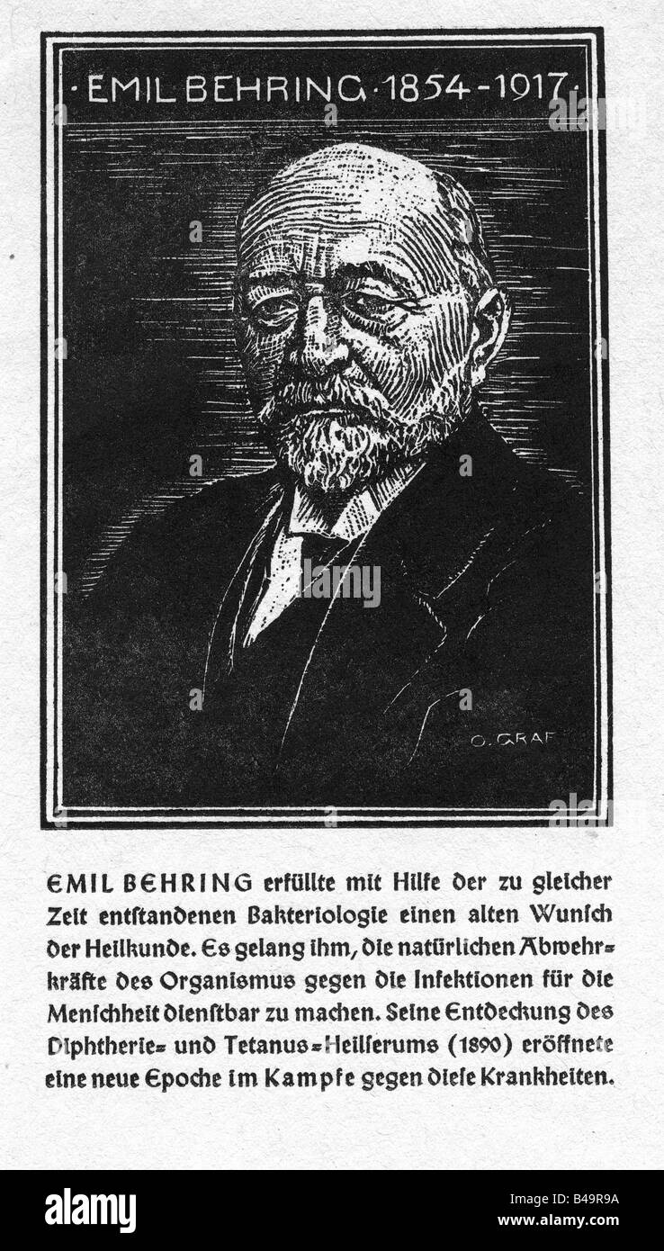 Behring, Emil Adolph von, 15.3.1854 - 31.3.1917, German , scientist (biologist), portrait, founder: serum medicine, woodcut by O. Graf, 'Kämpfer für das Leben', C. H. Boehringer Sohn AG, bacteriologist, Nobel Prize for Medicine 19, laureate, , Stock Photo