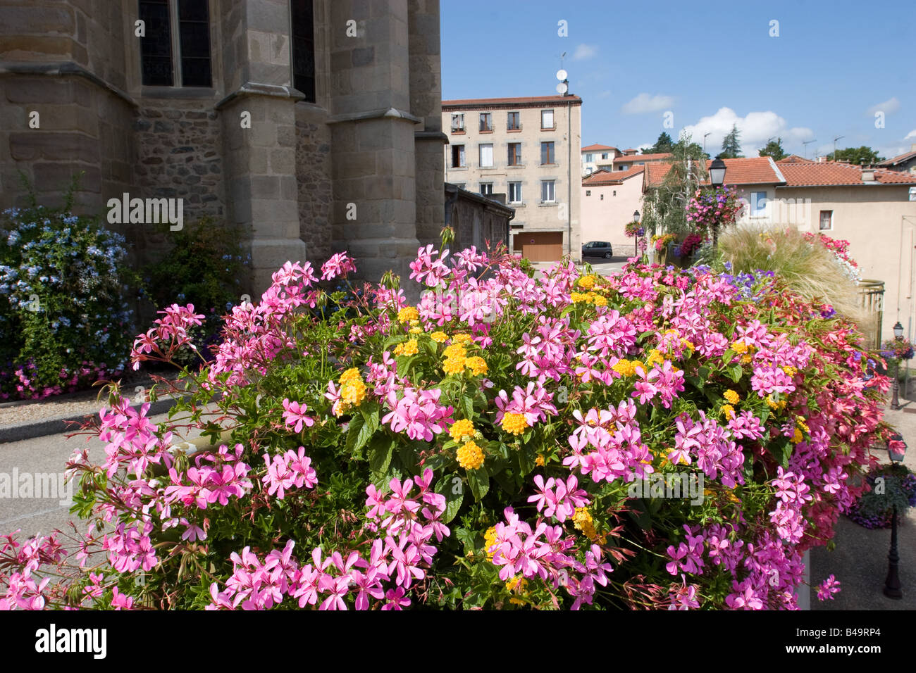 Flower displays in streets of Saint Galmier hilltop town in the Loire region of France Stock Photo