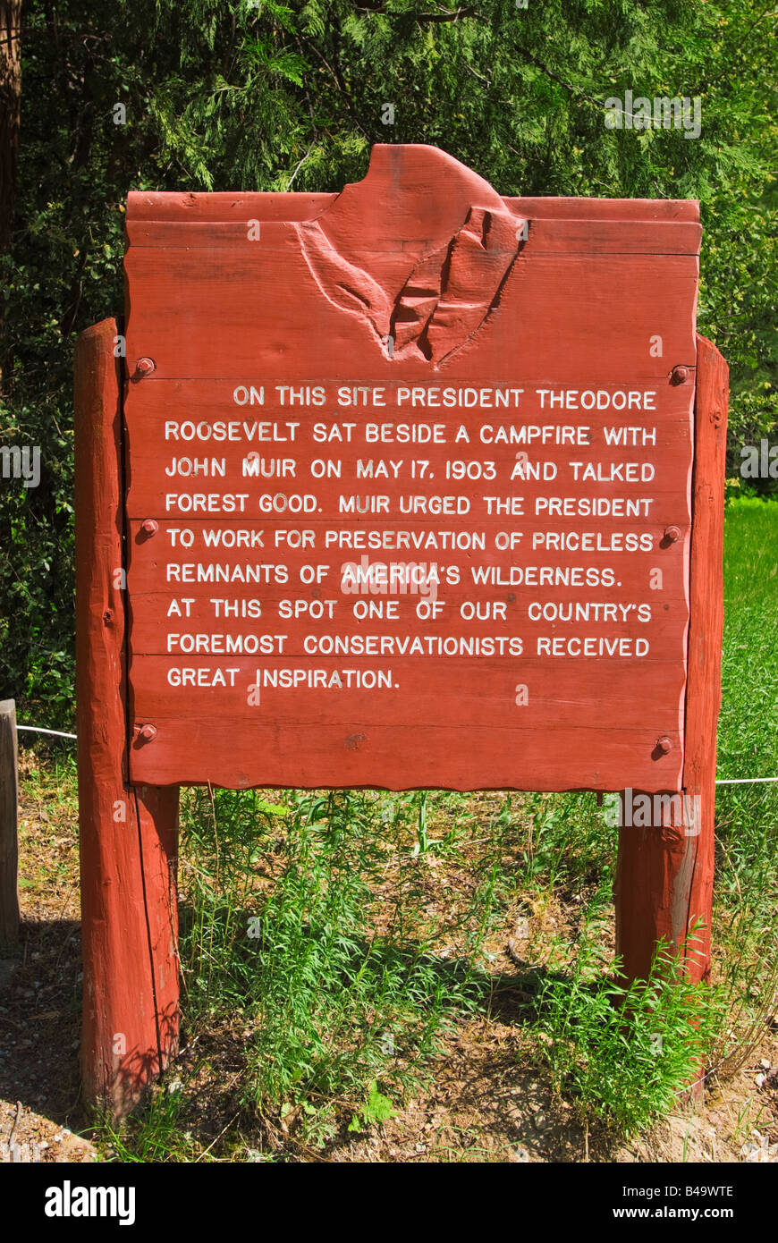 Interpretive sign at the meadow where John Muir and Teddy Roosevelt discussed conservation Yosemite National Park California Stock Photo