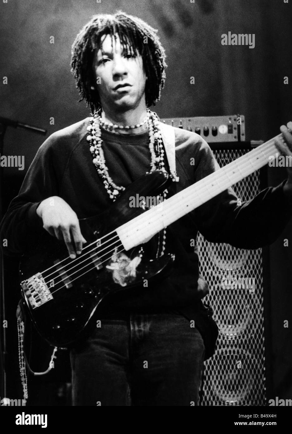 Cousins, Richard, American musician (Jazz), half length, playing bass, live performance, Montreux Jazz Festival, July 1993, Stock Photo