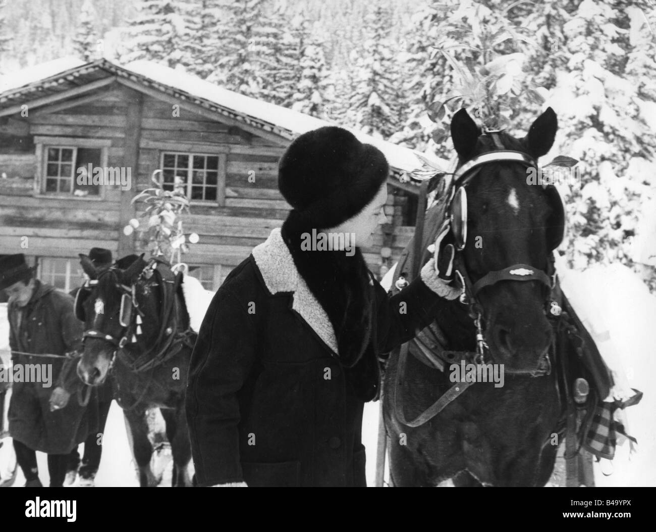 Schneider, Romy, 23.9.1938 - 29.5.1982, German actress, half length, standing beside horse, winter holidays, Megeve, France, January 1963, Stock Photo