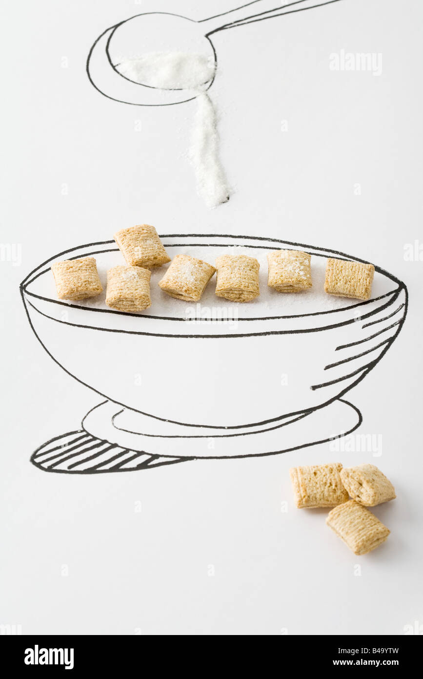 Spoon pouring sugar over bowl of cereal Stock Photo Alamy