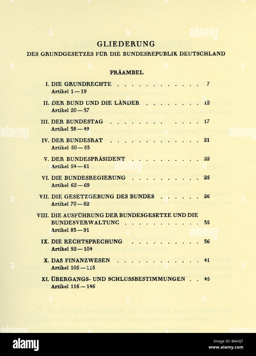 justice, law / laws, constitution / constitutions, 'Grundgesetz für die Bundesrepublik Deutschland', (Basic Law for the Federal Republic of Germany), (GG), table of contents, facsimile, 23.5.1949, Stock Photo