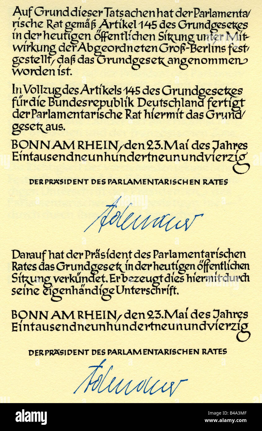 justice, law / laws, constitution / constitutions, 'Grundgesetz für die Bundesrepublik Deutschland', (Basic Law for the Federal Republic of Germany), (GG), promulgation, signature by Konrad Adenauer (president of the parliamentary council), facsimile, 23.5.1949, Stock Photo