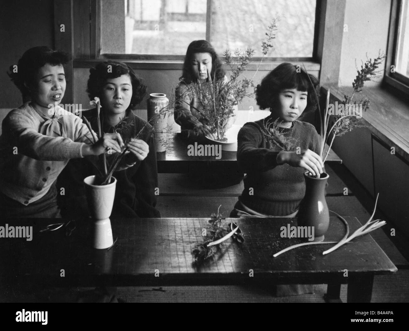 geography / travel, Japan, education, Ikebana lesson at school, 1950s
