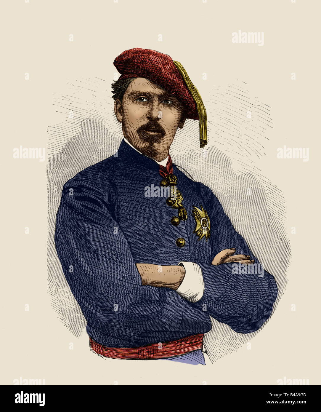 Carlos Maria de los Dolores, 30.3.1848 - 18.7.1909, clairmant to the Spanish Throne 13.1.1861 - 18.7.1909, portrait, wood engraving, circa 1875, later coloured, , Stock Photo