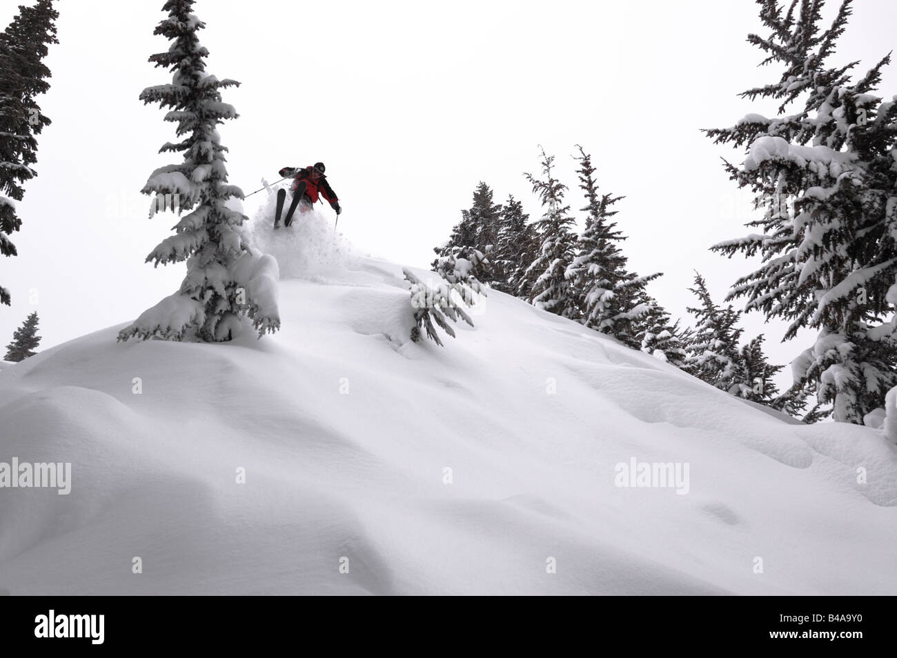 A skier launching off of a jump into a field of powder Stock Photo - Alamy