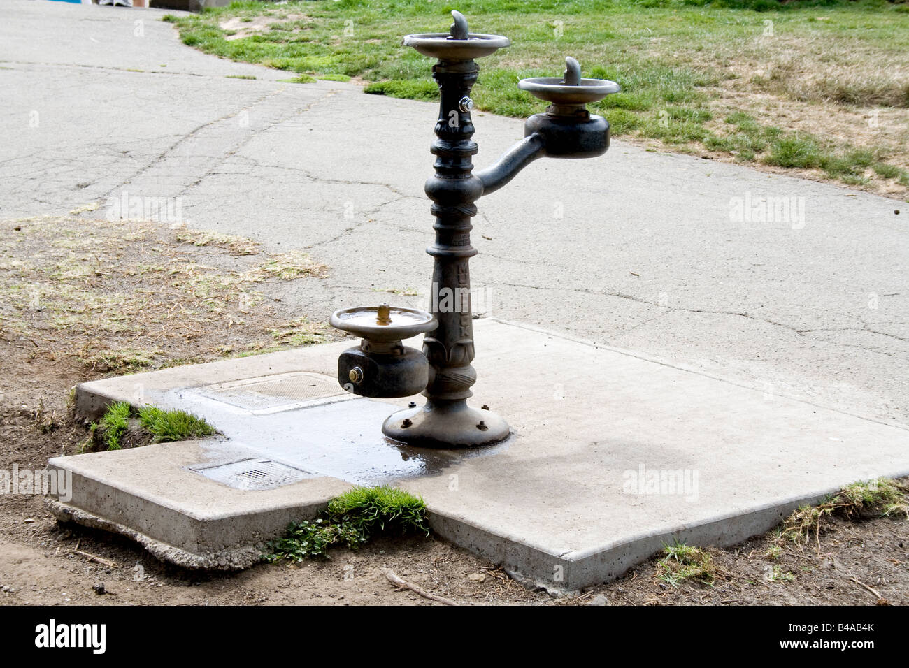 Drinking fountain with dog fountain on a cement slab by a roadway Stock Photo