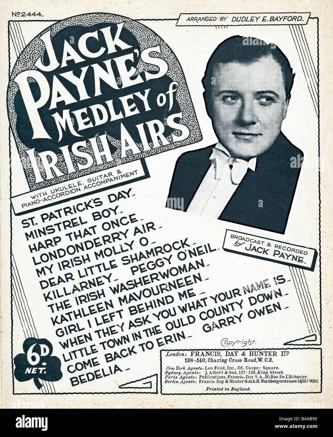 Jack Paynes Medley of Irish Airs music sheet cover for the 1930s bandleader and his recording Stock Photo