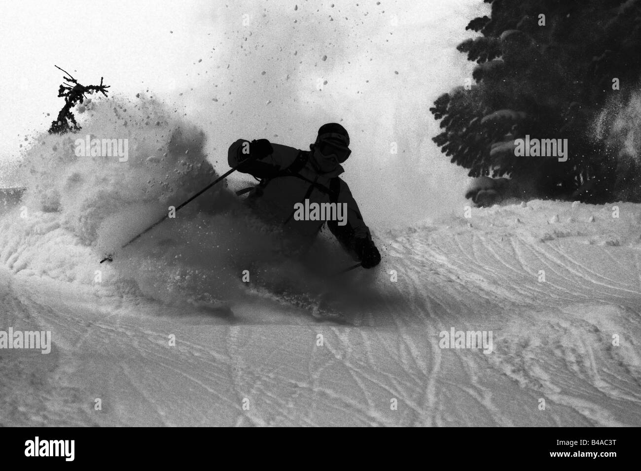 A skier in deep powder with a large spray of snow Stock Photo
