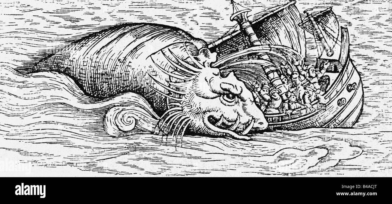 superstition, mythical creatures, wale attacking a ship,  woodcut, 'Historia animalium' by Conrad Gesner, 4th volume, 'Piscium et aquatilium animantium natura', 1558, , Stock Photo