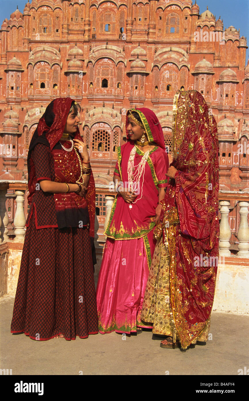 India, Jaipur, Wind Palace, Hawa Mahal, Women Stock Photo