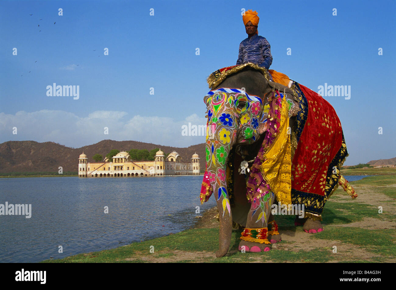 India, Jaipur, Jal Mahal Lake Palace, Elephant Parade Stock Photo