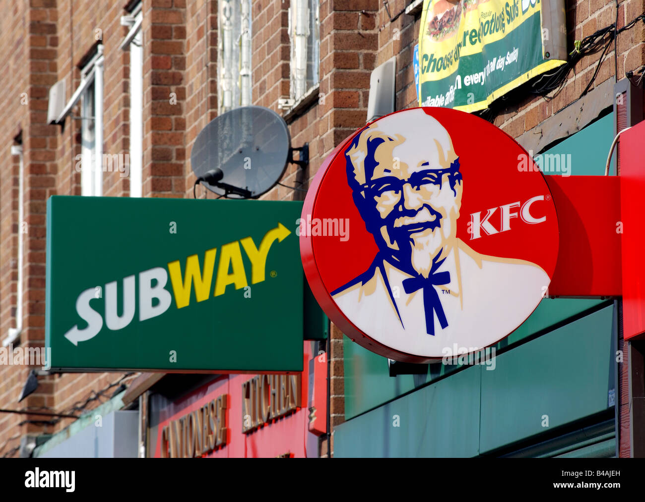 KFC and Subway fast food outlet signs, Sheldon, Birmingham, UK Stock Photo