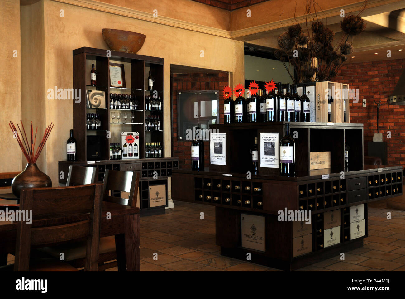 food, South Africa, Franschoek, wine-growing estate Vrede En Lust, Tastin Room and shop, cupboards and show bottles, Additional-Rights-Clearance-Info-Not-Available Stock Photo