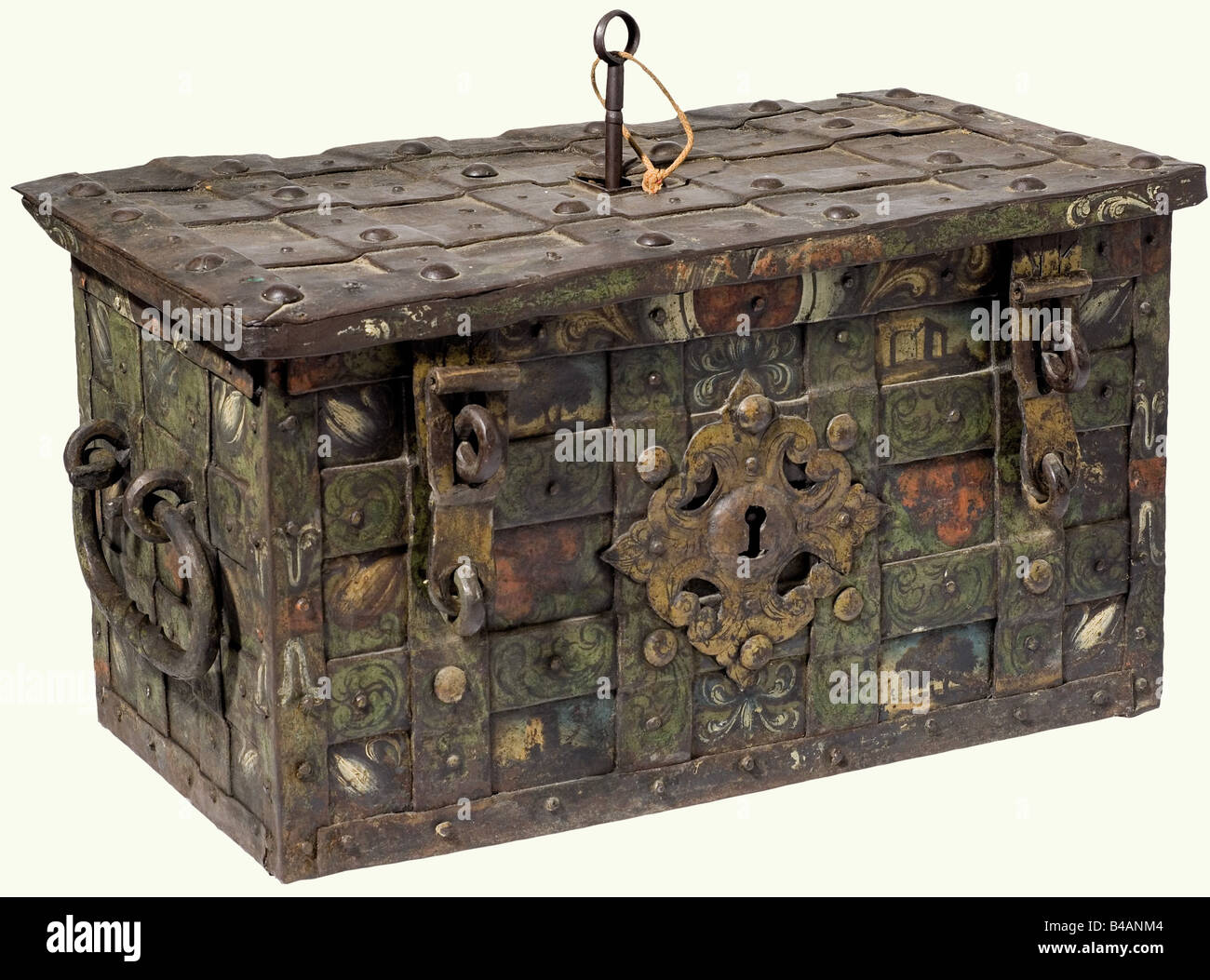 A strongbox painted in colour, German, 2nd half of the 17th century. Rectangular trunk with crossed and riveted strap reinforcements. Lid with central keyhole, movable cover. False lock on the front with openwork and embossed escutcheon, two hasps. Two movable carrying handles on the sides. Original colour painting on front and sides with small landscape vistas amid vines and scrollwork. There is a lock mechanism with six tumblers in the lid, lock cover with rich openwork and engraved decoration showing two Nereids. Iron key with hollow shank. Dimensions 37 x 7, Stock Photo