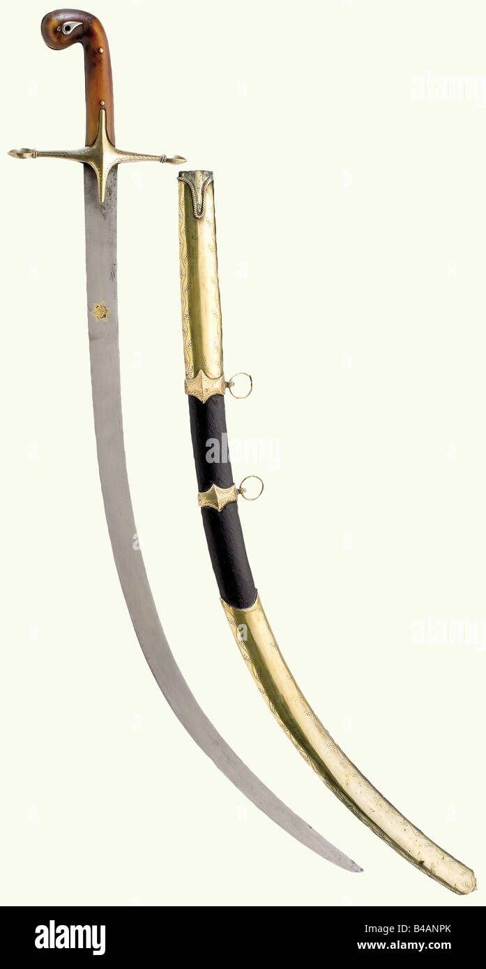 An Ottoman shamshir, circa 1800. Heavy, single-edged blade with a gold ...