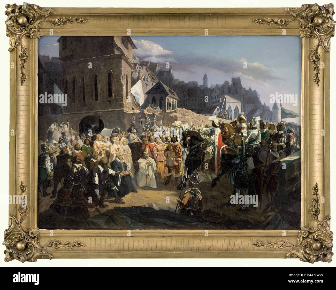 A Scene from the Thirty Years' War, oil on canvas, 20th century, unsigned. A commander and his officers receive the surrender of town dignitaries and residents. Slightly brittle, on the verso restorations. Gold-bronze coloured stucco frame. Size of the painting: 86 x 63 cm, framed 106 x 83 cm. fine arts, people, fine arts, art, painting, paintings, object, objects, stills, clipping, clippings, cut out, cut-out, cut-outs, Artist's Copyright has not to be cleared Stock Photo