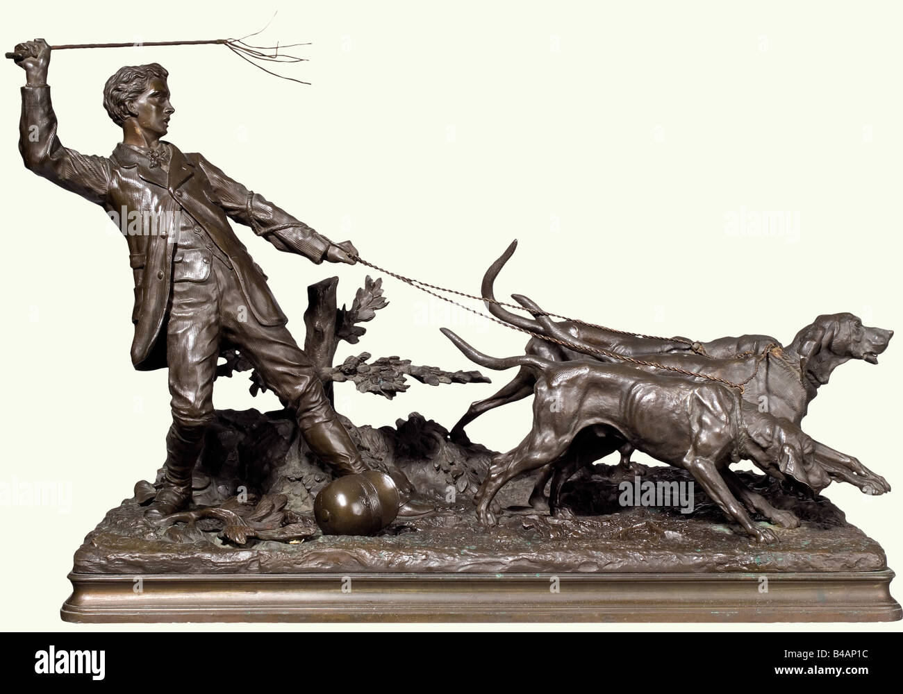 Hunter with pack of hounds., Bronze plastic, ca. 1880. Hunter with whip, holding three hounds on leash. On a rectangular base with the inscription 'A. Dubokant'. Profiled bronze pedestal. Leash of the middle hound damaged, but easily repairable. Height 36 cm. Size of base 51 x 27 cm. fine arts, people, 19th century, fine arts, art, statuette, figurine, figurines, statuettes, sculpture, sculptures, object, objects, stills, clipping, clippings, cut out, cut-out, cut-outs, man, men, male, Artist's Copyright has not to be cleared Stock Photo