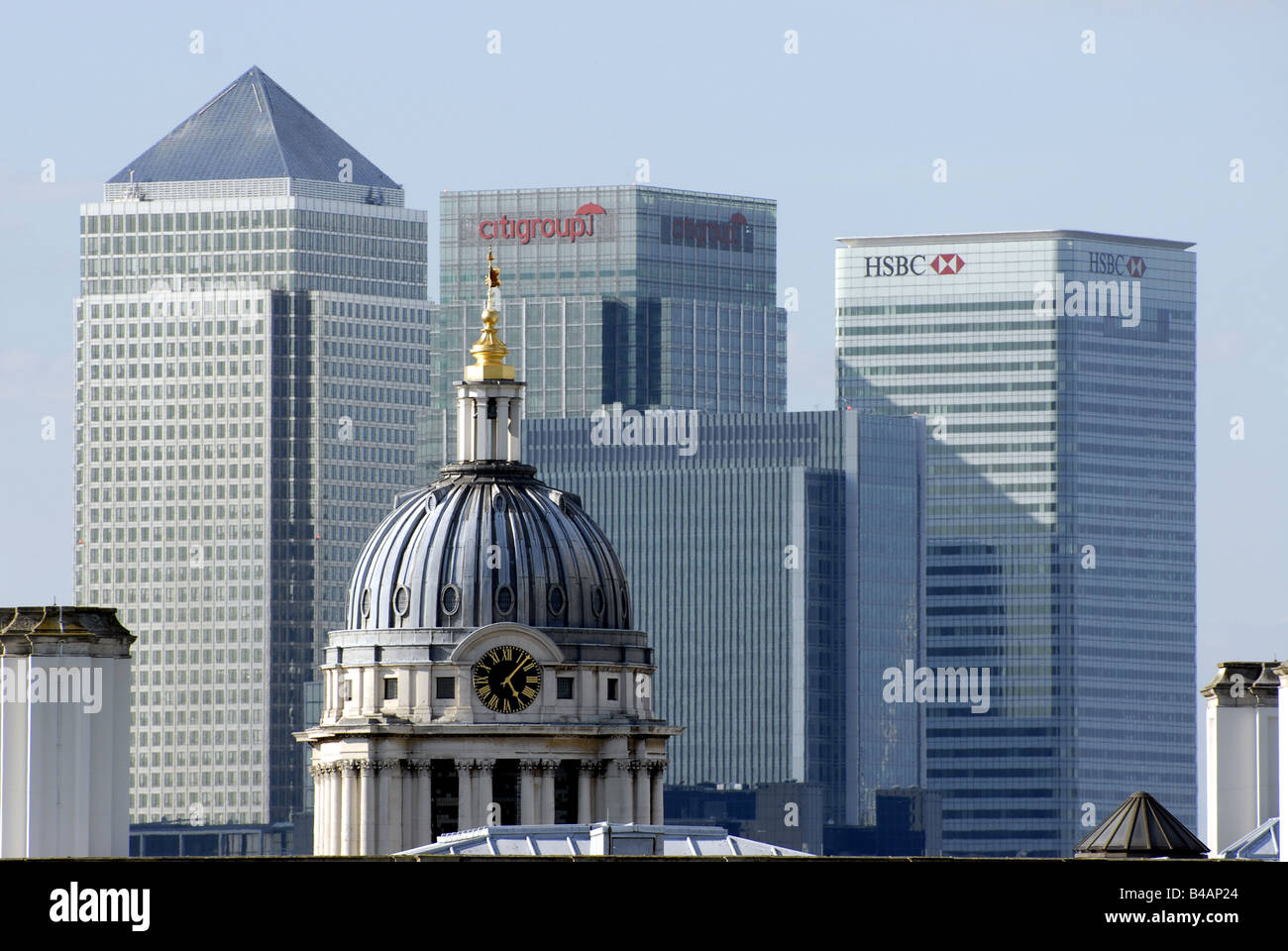 Royal Naval College & Canary Wharf Buildings From Greenwich Park London. Stock Photo
