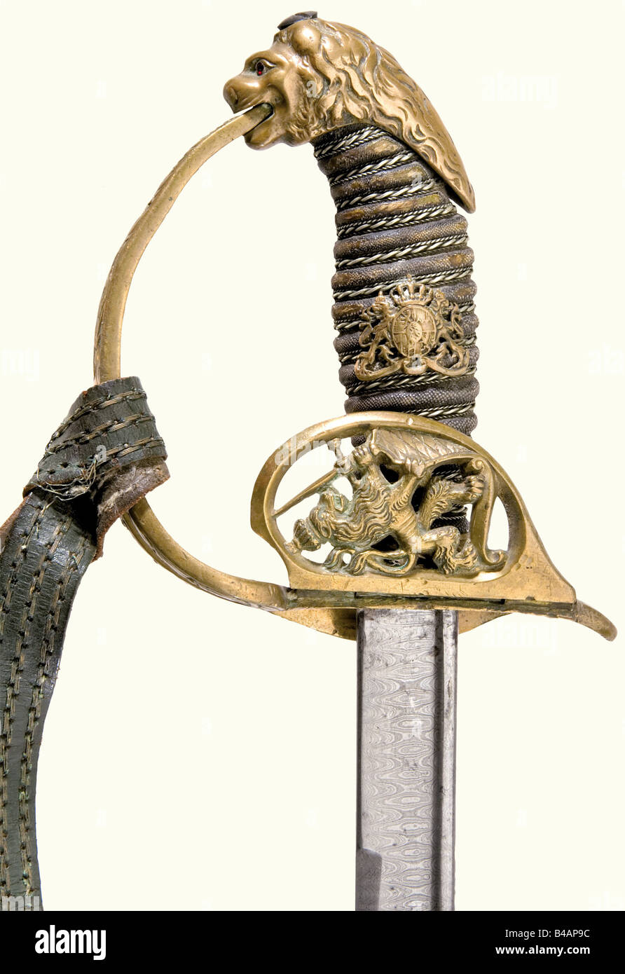 An infantry officer's sword, Bavarian model A straight, single-edged reinforced blade of watered steel with yelmen. Etched with 'In Treue fest' (Firm in loyalty), on both sides of the blade, with ' Gwinner s./l. Tandern 1895' below it on the obverse side. Gold-plated brass hilt with a folding guard plate. Lion's head pommel and sharkskin grip cover with silver wire wrapping, superimposed with the Bavarian coat of arms. There is a green leather sword knot attached, which does not belong to the sword. Black lacquered, metal scabbard with a fixed suspension ring a, Stock Photo