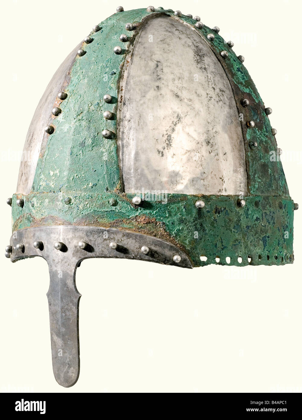 A princely 'Spangenhelm', Central and Eastern Europe, 5th - 6th century A.D. Bronze, calotte-shaped, segmented helmet with riveted silver plates. The pierced forehead b historic, historical, ancient world, ancient world, ancient times, object, objects, stills, clipping, cut out, cut-out, cut-outs, Stock Photo