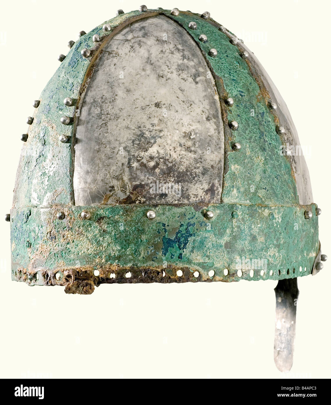 A princely 'Spangenhelm', Central and Eastern Europe, 5th - 6th century A.D. Bronze, calotte-shaped, segmented helmet with riveted silver plates. The pierced forehead b historic, historical, ancient world, ancient world, ancient times, object, objects, stills, clipping, cut out, cut-out, cut-outs, Stock Photo
