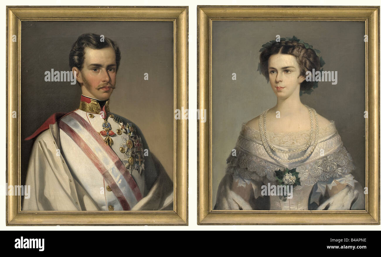 Kaiser Franz Joseph I and Kaiserin Elisabeth of Austria, two portraits, circa 1855 Oil on canvas. Franz Josef I in uniform adorned with medals and coat draped around his shoulders, Elisabeth in a white dress with a posy. Both in front of a light-coloured background. On the back of the portrait the Emperor's label 'Privat-Eigentum seiner Majestät des Königs Ludwig III. Inventar-Nr. 82.' Small damages, portrait of the Empress left with small rips. Each in a profiled, gilt trim frame. Picture size 57 x 70 cm, framed 66 x 79 cm. The portraits show the young imperia, Stock Photo